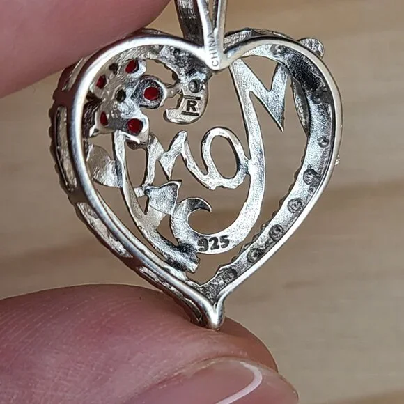 Vtg Sterling Silver Heart Pendant "Mom" Design Red Crystal Flower Accents 0.8" - Picture 4 of 6